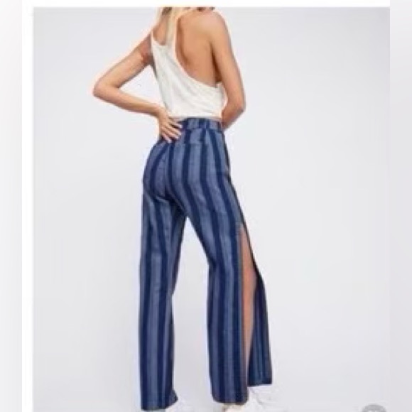 Free People Denim Striped Flare Leg Slit Jeans - Picture 1 of 8